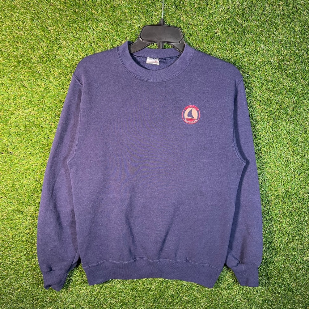 Vintage Jerzees Petoskey Michigan Sailboat Sweatshirt Navy Blue Mens Medium USA